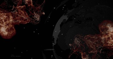 Dijital boşlukta dönen dijital küre, bakır bulutlar, veri noktaları ve ikili kod, kopyalama uzayı. Gelecek, teknoloji, veri, küresel, siber, görselleştirme, soyut