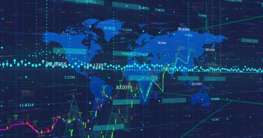 Renkli trend çizgileri ve veri düğümleri ile dünya haritası görselleştirme ızgarası örtülüyor. Veri analizleri, gösterge paneli, görselleştirme, teknoloji, finans, dijital arayüz, bağlantı