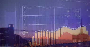 Gün batımında şehir silueti üzerinde şebeke örtüsü ve sayısal etiketlerle yükselen 3D bar grafiği gösteriliyor. Analizler, veri görselleştirme, kentsel, modern, teknoloji, finans, yenilik