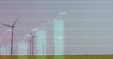 Çimenli ovalarda yükselen beyaz rüzgar türbinini gösteriyor, üst üste dizilmiş çizelgeler yüzdeleri gösteriyor. Yenilenebilir enerji, sürdürülebilirlik, çevre, temiz güç, teknolojik, kırsal, analitik