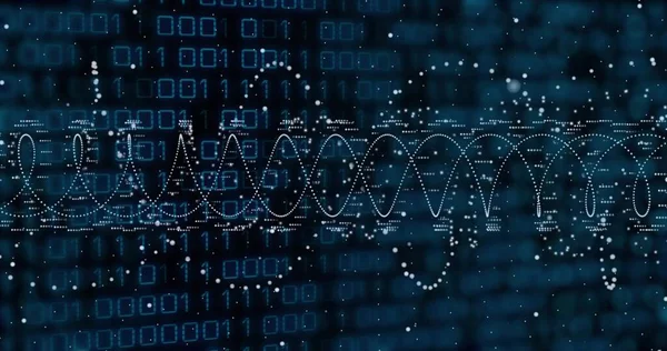 Sanal veri ekranında iki haneli noktalı beyaz dalga şeklindeki spiral kıvrımların izini sürmek. Soyut, teknoloji, fütüristik, dijital, analitik, yenilik, ağ