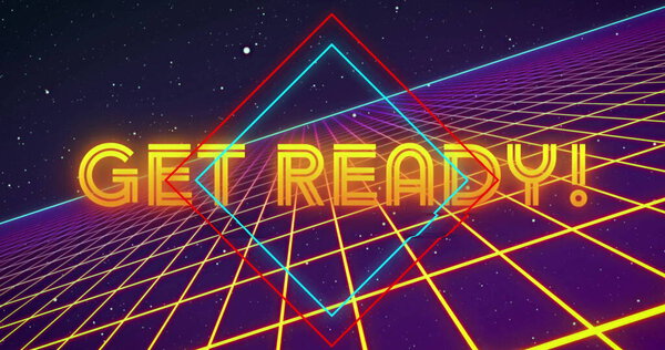GET READY text glowing on retro-futuristic yellow grid floor, with red cyan neon diamond outlines. Cyberspace, sci-fi, digital, neon, futuristic, virtual, technology