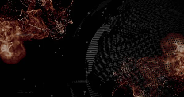 Dijital boşlukta dönen dijital küre, bakır bulutlar, veri noktaları ve ikili kod, kopyalama uzayı. Gelecek, teknoloji, veri, küresel, siber, görselleştirme, soyut