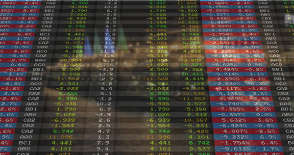 Displaying ticker panel in trading studio, showing color-coded stock codes and percentage changes. Financial, technology, data, analytics, investment, digital, corporate