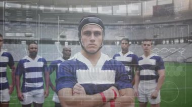 Rugby oyuncusu ve takımı spor teknolojisi için biyometrik verileri tararken zayıflıyor. Sporcu, spor, fütüristik, hareket, takım çalışması, yenilik, analiz