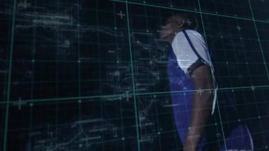 Erkek atlet hareketli duruş momentum kazanıyor ve tepe noktasından tekmeleniyor. Dinamik, gelecekçi, hareket, güç, çeviklik, yenilik, atletik