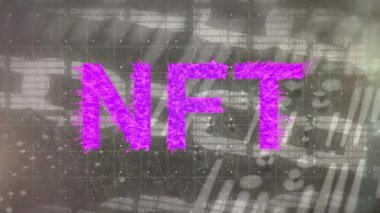 Blok üzerindeki Nft 'in canlandırması ve kahverengi arka plandaki veriler. Veri işleme, küresel ağ, dijital kaynaklar ve dijital olarak üretilen video konsepti.