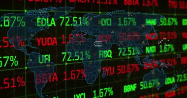 Kara fon üzerinde dünya haritası üzerinde borsa animasyonu. küresel finansmanlar, veri işleme ve dijital arayüz kavramı dijital olarak oluşturulmuş video.