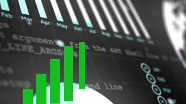 Finansal grafiklerin animasyonu ve siyah arkaplan üzerine çeşitli veriler. Küresel finans, para, ekonomi ve teknoloji konsepti dijital olarak oluşturulmuş video.