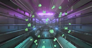 Endüstriyel tünel üzerinde finansal simgelerin canlandırılması. Veri işleme, finans, iletişim ve teknoloji konsepti dijital olarak oluşturulmuş video.