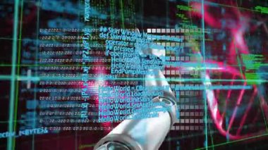 DNA iplikçiklerinin dönmesi ve robotun kolu üzerinde veri işleme animasyonu. küresel bilim, araştırma ve veri işleme kavramı dijital olarak oluşturulmuş video.