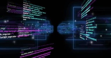 Sürüklenen parçacıklar tarafından tetiklenen kod kümeleri veri akışını görselleştirmek için geri çekiliyor ve dönüyorlar. Siber, geleceksel, soyut, teknoloji, dijital, neon, veri