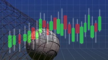 Üçüncü saniyelik wirefram futbol topu ızgaraya giriyor, baro şeması üzerindeki kabarık ağ veri darbesini gösteriyor. Finansal, veri görselleştirme, 3D modelleme, spor grafikleri, dijital arayüz, animasyon, teknoloji