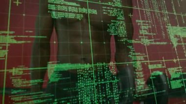 Kırmızı arkaplana karşı gelen adam teknik sistem kodunu tarıyor kol kayıt düğümlerini kaldırıyor ve soluyor. Gelecek, arayüz, veri görselleştirme, dijital, teknoloji, analitik, yenilik