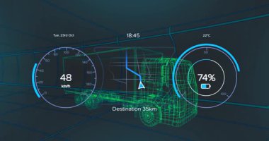 Siyah arka planda dijital kamyon modeli üzerinde araba arayüzü animasyonu. küresel ulaşım, teknoloji ve dijital arayüz kavramı dijital olarak oluşturulmuş video.