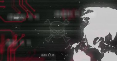 Karanlık dijital UI açılışı, dönen kod, sürüklenen kafatası ikonu siber tehdit sinyali veriyor. Siber uzay, fütüristik, teknoloji, dijital, siber güvenlik, yenilik, ağ