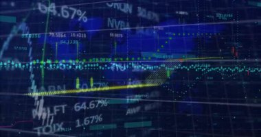 Dünya haritasında finansal veri işleme animasyonu. Küresel işletme finans bağlantıları ve dijital arayüz konsepti dijital olarak oluşturulmuş video.