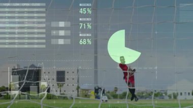 Erkek forvet topu kontrol ediyor. Finans HUD 'sini araştırıyor. Kaleci dalış tasarrufu yaparken ateş ediyor. Atletik, rekabet, yenilik, strateji, teknoloji, açık hava, performans