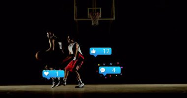 Top terbiyecisi çembere doğru ilerliyor. Yüzen sosyal medya simgeleri oluşturarak nişan artışını gösteriyor. Sporcular, spor, dijital, minimalist, rekabet, rekabet, enerjik