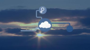 Günbatımında gökyüzünde teknoloji simgelerinin canlandırılması. küresel ağ, veri işleme ve teknoloji konsepti dijital olarak oluşturulmuş video.