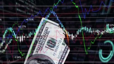 Finansal veri işleme ve paranın karanlık arka planda canlandırılması. küresel iş, finans, veri işleme ve dijital arayüz kavramı dijital olarak oluşturulmuş video.