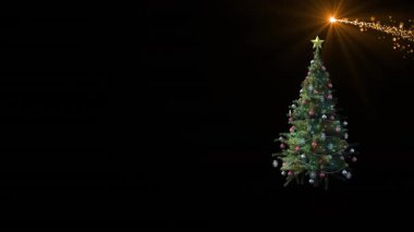 Mutlu noeller, yıldızlar ve siyah arka plandaki ağacın animasyonu. Noel, gelenek ve kutlama konsepti dijital olarak oluşturuldu.