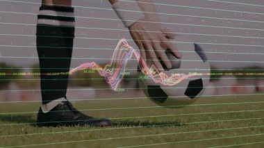 Elle futbol topunu matkap olarak yerleştirirken oyuncu ayağını geri çekiyor ve ona dalga biçimi darbesiyle vuruyor. Eylem, spor, enerji, eğitim, görselleştirme, performans, fitness