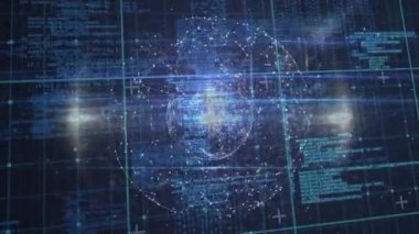 Veri küresi ve siyah veri işleme küresi üzerinde veri işleme ağının animasyonu. Küresel bağlantılar teknolojisi ve dijital arayüz kavramı dijital olarak oluşturulmuş video.