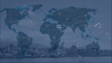 Şehir manzarası üzerindeki dünya haritasının animasyonu. Küresel iş ve dijital arayüz kavramı dijital olarak oluşturulmuş video.