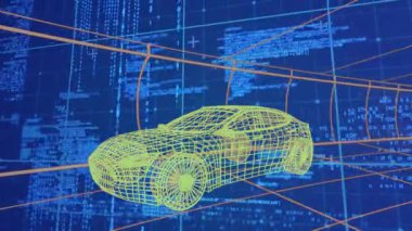 Veri işleme sisteminde 3D araba çizimi animasyonu. global otomobil mühendisliği, tasarım ve veri işleme kavramı dijital olarak oluşturulmuş video.