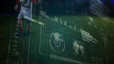 Kafkas futbolcunun futbol sahasında veri işleme animasyonu. küresel spor, rekabet ve veri işleme kavramı dijital olarak oluşturulmuş video.