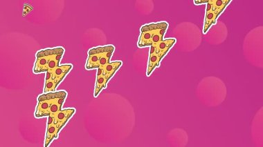 Pembe arka plandaki noktalarda pizza ikonlarının canlandırılması. Sosyal medya ve dijital arayüz konsepti dijital olarak oluşturulmuş video.