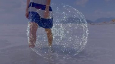 Suya giren erkek parlayan küreyi tetikler ve teknoloji gösterisi için iki kafes halkasına dönüşür. Gelecek, teknoloji, ortam, minimalist, biyoloji, simülasyon, görselleştirme