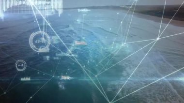 Havadan açığa vuran ağ, okyanus düğümlerinin haritasını çıkarıyor çizgileri genişletiyor ve bağlantıyı görselleştiriyor. Teknoloji, bağlantı, dijital, yenilik, veri görselleştirme, küresel, hava