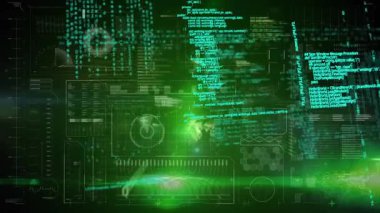 Yeşil arka planda veri işleme ile dijital arayüzün dijital animasyonu. bilgisayar arayüzü ve teknoloji kavramı