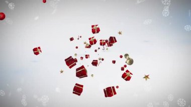 Yılbaşı süslerinin üzerine düşen kar animasyonu ve beyaz arka planda sunulan sunumlar. Noel, gelenek ve kutlama konsepti dijital olarak oluşturuldu.