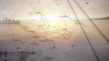 Günbatımı ufuk çizgisi parlayan ağ düğümleri sürükleniyor ve veri gösteren çubuk gemilere bağlanıyor. Deniz manzarası, soyut, fütüristik, görselleştirme, teknoloji, sükunet, bağlantı