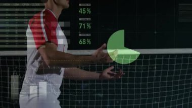 Gol gecesi verileriyle yüzleşen futbolcu soluyor ve top gidiyor. Spor verilerini güncelliyor. Sporcu, analitik, fütüristik, eğitim, rekabet, dijital, görselleştirme