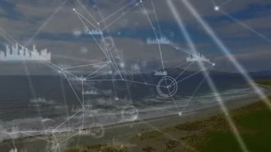 Kısa bir duraklamadan sonra, veri akışını görselleştirirken eğri sahil manzarası boyunca sürüklenen dijital kaplama. Hava, okyanus, kıyı şeridi, veri görselleştirme, soyut, teknoloji, bağlantı