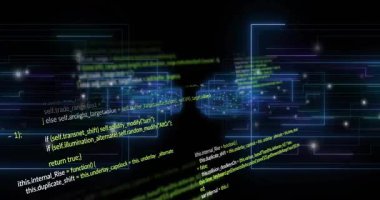 Karanlık boşlukta açılan iki neon kod kümesi içe doğru sürükleniyor, titreşen ızgaralar verileri görselleştiriyor. Cyberpunk, digitalart, futuristik, soyut, teknoloji, yenilik, holografik