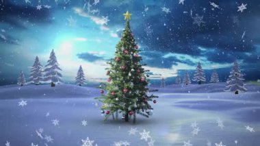 Yılbaşı ağacı ve kış manzarasının üzerine yağan karın animasyonu. Noel, gelenek ve kutlama konsepti dijital olarak oluşturuldu.