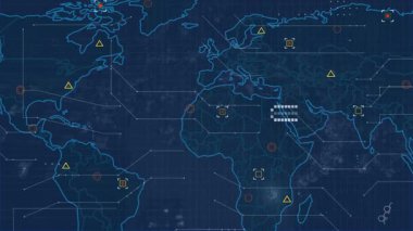 Mavi arka planda dünya haritasının animasyonu. Küresel iş ve dijital arayüz kavramı dijital olarak oluşturulmuş video.