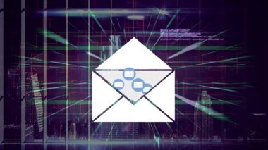 Siyah arkaplanda veri işleme üzerinden e-postaların canlandırılması. dijital arayüz, bağlantılar, teknoloji ve iletişim konsepti dijital olarak oluşturulmuş video.