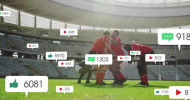 Rugby takımı çizgiyi geçmek için kaldırıyor. Yorum yapıp ikonları oynayarak hareket ettiriyor. Takım çalışması, atletizm, sportmenlik, rekabet, dijital katılım, işbirliği, yüksek enerji