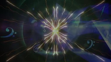 Mavi dijital dalgaların dijital animasyonu ve mor arkaplanda yüzen müzik elementleri. gece hayatı ve disko konsepti