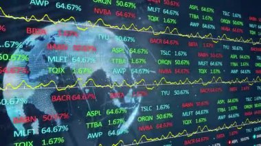 Borsa verileri mavi arka planda dönen dünya üzerinde işleniyor. küresel finans ve iş teknolojisi kavramı