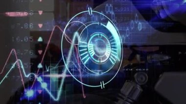 Neon yuvarlak tarayıcı için geri sayım ve motosiklet tekerleğine karşı istatistiksel veri işleme. bilgisayar arayüzü ve iş teknolojisi kavramı