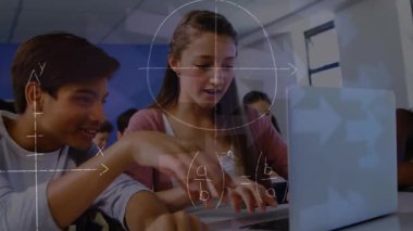 Bilgisayar dersinde dizüstü bilgisayar kullanan çocukların animasyonu. Küresel iş dijital arayüzü ve teknoloji konsepti dijital olarak oluşturulmuş video.