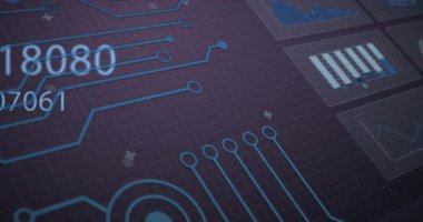 Bilgisayar devre kartından istatistik ve veri işleme animasyonu. Küresel finans sektörü ve dijital arayüz kavramı dijital olarak oluşturulmuş video.