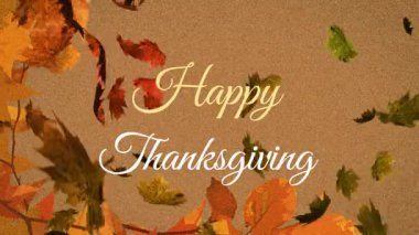 Turuncu arka planda sonbahar yapraklarının mutlu şükran günü animasyonu. Şükran Günü geleneği ve dijital olarak oluşturulan kutlama konsepti.